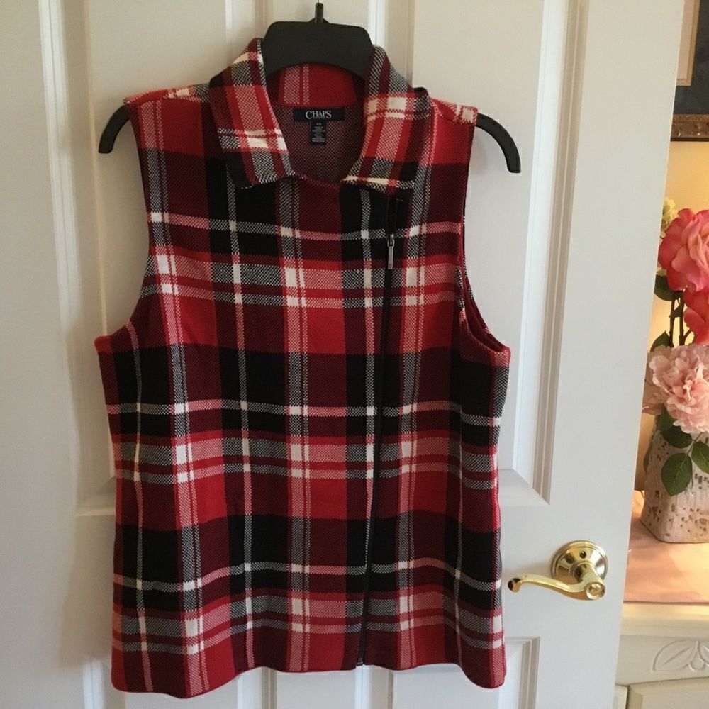 NWOT. Chaps  Red, Black & White Plaid Vest in Women’s Large